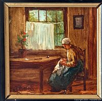 Close-up photo of the oil on tile miniature painting showing a woman sewing at a table near a window inside a home, with warm wooden interior and a potted plant