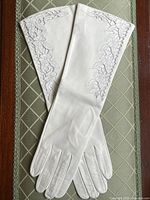 Pair of off-white leather gloves with floral lace embroidery laid flat showing full length and lace detail