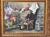 Full view of the painting in its ornate gold frame depicting the elderly woman florist amid flowers