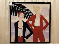 Full front view of framed silk scarf showing art deco illustration and black frame