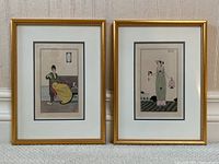 Two framed vintage illustrations side by side showing women in vintage attire, both signed by different artists and framed in gold with white matting.