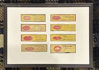 Framed collection of eight vintage lipstick prints and signatures from 1930s-40s Hollywood actresses