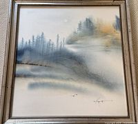 Front view of framed abstract landscape watercolour