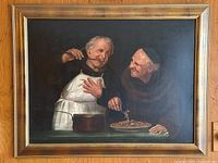Full view of the framed reproduction painting showing two monks with one tasting food with a ladle and the other serving from a plate.