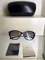 Black hard Coach sunglasses case on a shelf.