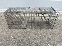 Full side view of rectangular metal wire live trap cage on pavement, showing mesh construction and top handle.