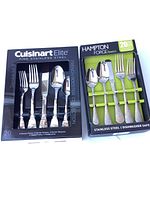 Two boxed flatware sets: Cuisinart Elite French Rooster Collection and Hampton Forge Basics, both 20-piece pieces sets with dinner forks, knives, spoons, salad forks, and teaspoons.
