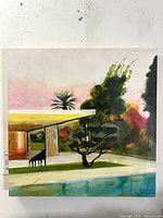 Full view of the square oil painting on masonite showing mid-century house with pool and sunset background