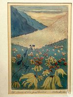 Close-up of the artwork centered in frame showing vibrant stylized flowers with mountain backdrop and signature with A/P notation on bottom margin.