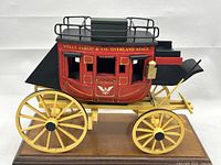 Front/side view of the miniature Wells Fargo stagecoach showing detailed paint and U.S. Mail insignia.