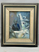 Frontal view of the framed abstract oil painting of a drummer on wood panel, showing the full artwork and frame with linen lining.