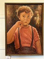 Full view of mid-20th century oil painting on linen showing a crying boy in a red shirt and black suspenders, with vintage decorative wooden frame.