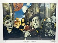 Close-up photo of the signed limited edition print numbered 9/50 showing a surreal collage of pop culture figures with classical European imagery including Mona Lisa and a sculpture, black and white characters in the foreground, and a large red moon in the sky.