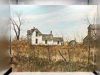 Front view of the original acrylic painting on illustration board showing the entire artwork of a rural farmhouse and barn scene with a fence and leafless trees.