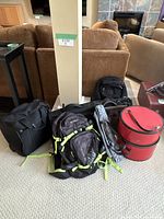 Lot of bags including black briefcases, black and green backpacks, and a red vintage hat case on a beige carpet.