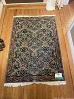 Full view of rectangular silk rug on hardwood floor, showing patterned surface and cream fringe on short edges.