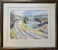 Overall view of framed watercolor painting showing Kennebeck Spring landscape scene.