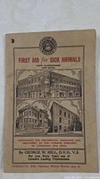 Front cover of the booklet titled "First Aid for Sick Animals" featuring illustrations of buildings and text by George W. Bell, D.V.D., V.S.