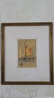 Overall framed view of the watercolour painting showing the harbour scene with sailboats and tugboat, demonstrating the size and framing condition.