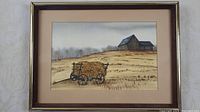 Full view of the framed watercolour painting showing the rural harvest scene with a wagon and barn.