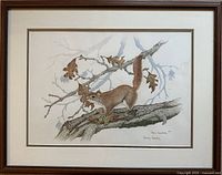 Frontal view of framed original artwork of a red squirrel on a branch with dry leaves, signed Peter Hebner.