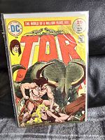 Photo of the DC Comics TOR Comic Book #2 from August 1975. The comic is sealed in a protective bag and board, shows a muscular man and dinosaur on the cover.