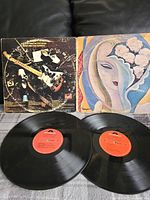 Two vinyl records laid flat with album covers behind them, showing front and back of covers and records.