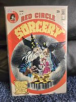 Front cover of Red Circle Sorcery comic book, issue No. 7, June issue at 25 cents, featuring a wizard, a girl, and magical imagery with a crow and a golden lion figurine