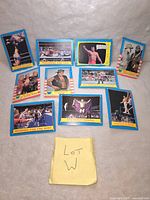 10 colorful vintage WWF wrestling trading cards arranged on a fabric background showing a variety of wrestlers and match scenes. A small note with 'Lot W' written on it is displayed below the cards.