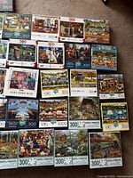 Photo showing 21 puzzle boxes arranged on carpet, featuring different piece counts and imagery.