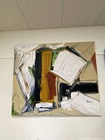 Full view of the large abstract painting showing dominant beige, black, green, white, and red colors with bold brush strokes.