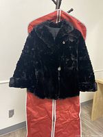 Black real fur coat shown front view hung on a hanger with red garment bag behind it.