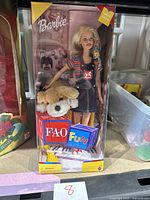 Barbie doll in original box viewed from front showing doll, plush dog and FAO blocks with 'Special Edition' label.