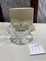 Small clear crystal bowl from Lenox Wedding Promises collection with box behind it.