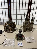 Full lot with the theater, church, resin fountain, and two packs of bulbs visible with cords.