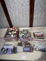 Overview photo showing multiple plastic bags filled with assorted souvenir and novelty magnets.