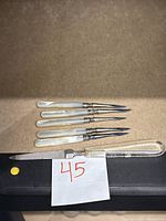 Top-down view of five mother of pearl nut picks with silver shafts and a clear Lucite nail file, all laid on a brown background.