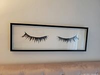Full view of framed eyelashes wall art hung on a wall above a couch.