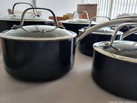 Close-up of black non-stick pot with glass lid and stainless steel handle showing the cookware style and condition