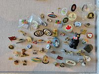 Lot of various Canadian-themed pins including anniversary pins and city emblems displayed on fabric