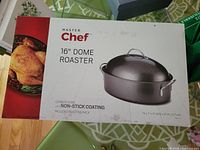 Photo of the Master Chef 16-inch dome roaster box showing the product image, brand, and dimensions (16 x 11 x 5 inches).