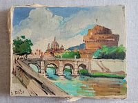 Front view of the vintage oil painting on canvas showing a river or canal with stone bridge arches, historic buildings including a dome and castle, partly cloudy sky, and signature in bottom left corner.