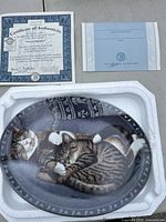 Photo showing the collectible plate inside foam packaging alongside two certificates, including the Certificate of Authenticity with number 66079.