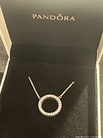 Necklace in black Pandora box showing full chain and circular crystal pendant