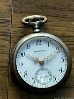 Front view of open-face pocket watch with white enamel dial, Arabic numerals and filigree hands