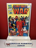 Front cover photo of The Infinity War #1 Marvel comic book in Near Mint condition with bright, colorful artwork featuring various Marvel superheroes.