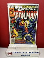 Front cover of 'The Invincible Iron Man' #129 Newsstand Edition comic book showing Iron Man fighting a robot, comic in protective sleeve.
