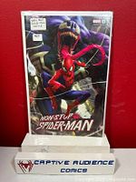 Front cover of Non-Stop Spider-Man #1 Derrick Chew Variant comic book showing Spider-Man and Venom art by Derrick Chew. Comic in protective sleeve, graded NM+.