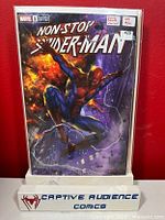 Front cover photo of Non-Stop Spider-Man #1 comic book in protective sleeve, showing the Lucio Parillo variant cover artwork in Near Mint condition.