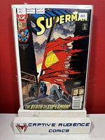 Front cover of Superman #75 comic showing the iconic torn Superman cape and title 'The Death of Superman'.